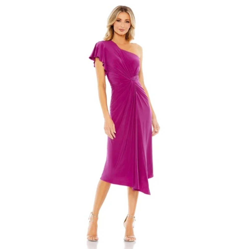 Mac Duggal A12480 One-Shoulder Formal Dress Magenta Flutter Sleeve Midi Size 12